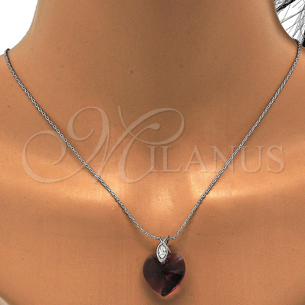 Collares con Dije 04.239.0018.2.16 Rodio Laminado, Diseño de Corazón, con Swarovski Elements Amethyst y Micro Pave Blanca, Pulido, Rodinado (Grosor 01 MM, 16 Pulgadas de Largo)