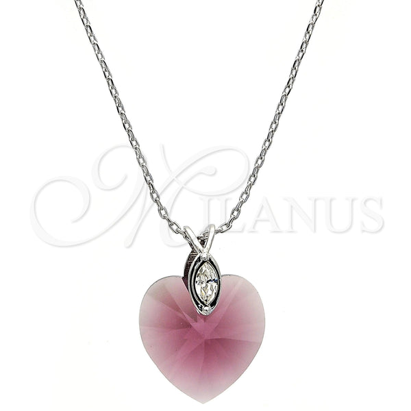 Collares con Dije 04.239.0018.2.16 Rodio Laminado, Diseño de Corazón, con Swarovski Elements Amethyst y Micro Pave Blanca, Pulido, Rodinado (Grosor 01 MM, 16 Pulgadas de Largo)