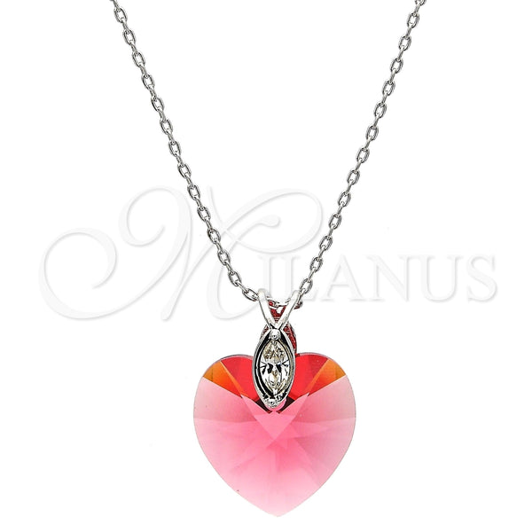 Collares con Dije 04.239.0018.3.16 Rodio Laminado, Diseño de Corazón, con Swarovski Elements Padparadscha y Micro Pave Blanca, Pulido, Rodinado (Grosor 01 MM, 16 Pulgadas de Largo)