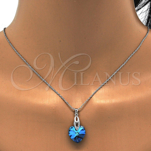 Collares con Dije 04.63.1330.16 Rodio Laminado, Diseño de Corazón, con Swarovski Elements Bermuda Blue y Micro Pave Blanca, Pulido, Rodinado (Grosor 01 MM, 16 Pulgadas de Largo)