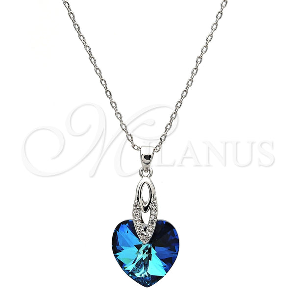 Collares con Dije 04.63.1330.16 Rodio Laminado, Diseño de Corazón, con Swarovski Elements Bermuda Blue y Micro Pave Blanca, Pulido, Rodinado (Grosor 01 MM, 16 Pulgadas de Largo)