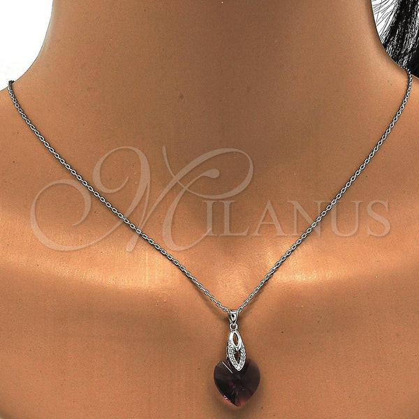 Collares con Dije 04.63.1330.1.16 Rodio Laminado, Diseño de Corazón, con Swarovski Elements Amethyst y Micro Pave Blanca, Pulido, Rodinado (Grosor 01 MM, 16 Pulgadas de Largo)