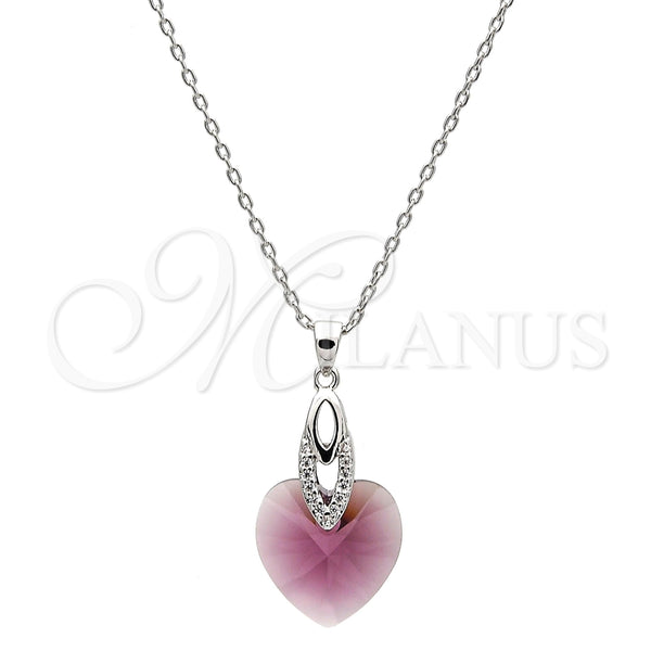 Collares con Dije 04.63.1330.1.16 Rodio Laminado, Diseño de Corazón, con Swarovski Elements Amethyst y Micro Pave Blanca, Pulido, Rodinado (Grosor 01 MM, 16 Pulgadas de Largo)