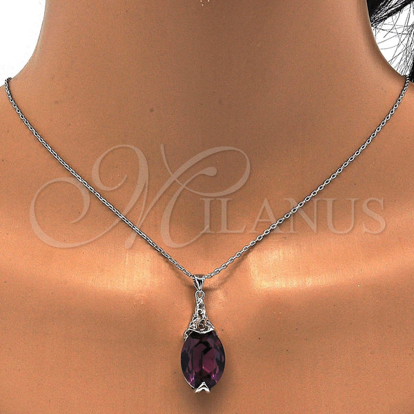 Collares con Dije 04.239.0025.3.16 Rodio Laminado, Diseño de Pave Mariner, con Swarovski Elements Amethyst, Pulido, Rodinado (Grosor 01 MM, 16 Pulgadas de Largo)