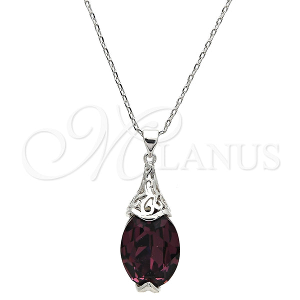 Collares con Dije 04.239.0025.3.16 Rodio Laminado, Diseño de Pave Mariner, con Swarovski Elements Amethyst, Pulido, Rodinado (Grosor 01 MM, 16 Pulgadas de Largo)