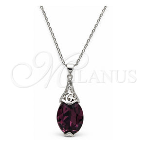 Collares con Dije 04.239.0025.3.16 Oro Laminado Blanco, Diseño de Pave Mariner, con Swarovski Elements Amethyst, Pulido, Rodinado (Grosor 01 MM, 16 Pulgadas de Largo)