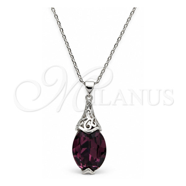 Collares con Dije 04.239.0025.3.16 Oro Laminado Blanco, Diseño de Pave Mariner, con Swarovski Elements Amethyst, Pulido, Rodinado (Grosor 01 MM, 16 Pulgadas de Largo)