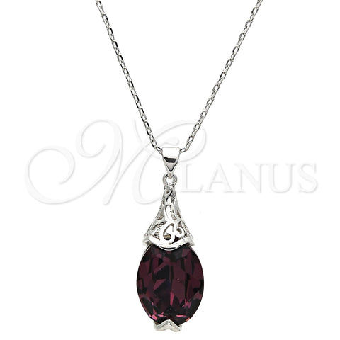 Collares con Dije 04.239.0025.3.16 Rodio Laminado, Diseño de Pave Mariner, con Swarovski Elements Amethyst, Pulido, Rodinado (Grosor 01 MM, 16 Pulgadas de Largo)