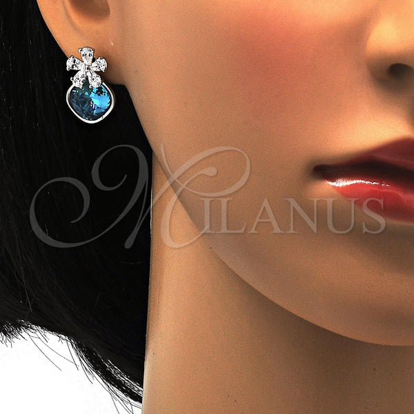 Arete Dormilona 02.63.2580 Rodio Laminado, Diseño de Flor, con Swarovski Elements Indicolite y Micro Pave Blanca, Pulido, Rodinado