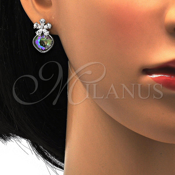 Arete Dormilona 02.63.2580.1 Rodio Laminado, Diseño de Flor, con Swarovski Elements Crystal y Micro Pave Blanca, Pulido, Rodinado