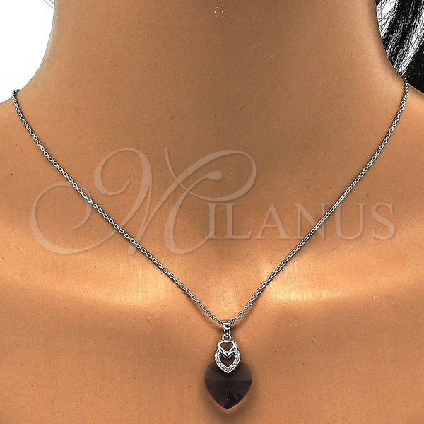 Collares con Dije 04.239.0004.1.16 Rodio Laminado, Diseño de Corazón, con Swarovski Elements Amethyst y Micro Pave Blanca, Pulido, Rodinado (Grosor 01 MM, 16 Pulgadas de Largo)