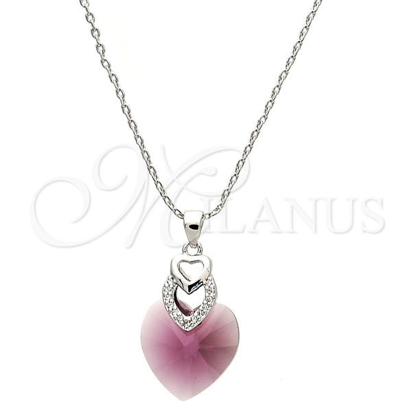 Collares con Dije 04.239.0004.1.16 Rodio Laminado, Diseño de Corazón, con Swarovski Elements Amethyst y Micro Pave Blanca, Pulido, Rodinado (Grosor 01 MM, 16 Pulgadas de Largo)