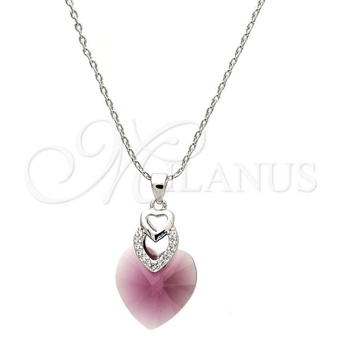 Collares con Dije 04.239.0004.1.16 Rodio Laminado, Diseño de Corazón, con Swarovski Elements Amethyst y Micro Pave Blanca, Pulido, Rodinado (Grosor 01 MM, 16 Pulgadas de Largo)