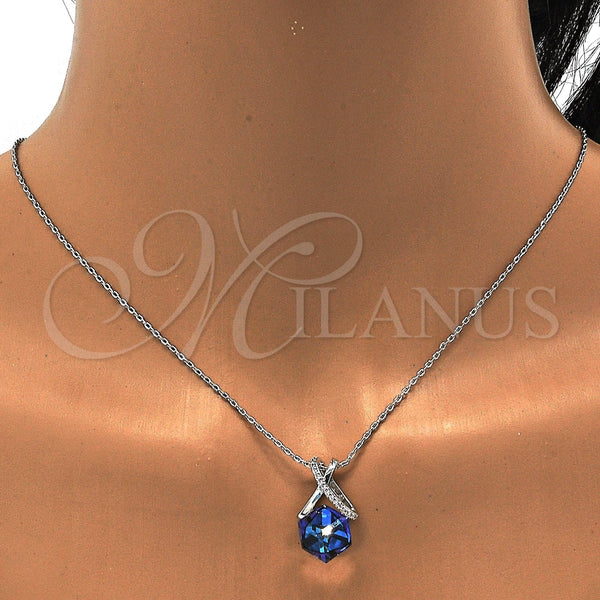 Collares con Dije 04.239.0023.2.16 Rodio Laminado, con Swarovski Elements Bermuda Blue y Micro Pave Blanca, Pulido, Rodinado (Grosor 01 MM, 16 Pulgadas de Largo)