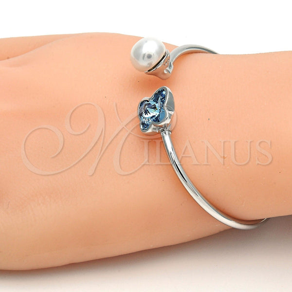 Aro Individual 07.239.0005.3 Rodio Laminado, Diseño de Mariposa, con Swarovski Elements Aquamarine y Perla Marfil, Pulido, Rodinado (Grosor 03 MM, Talla Unica)