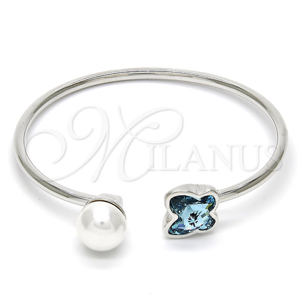 Aro Individual 07.239.0005.3 Rodio Laminado, Diseño de Mariposa, con Swarovski Elements Aquamarine y Perla Marfil, Pulido, Rodinado (Grosor 03 MM, Talla Unica)