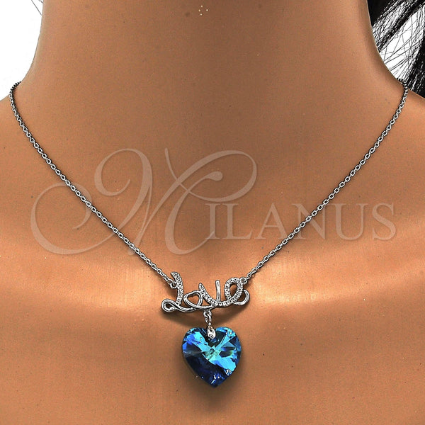 Collares con Dije 04.239.0029.1.16 Rodio Laminado, Diseño de Corazón y Amor, con Swarovski Elements Bermuda Blue y Micro Pave Blanca, Pulido, Rodinado (Grosor 01 MM, 16 Pulgadas de Largo)