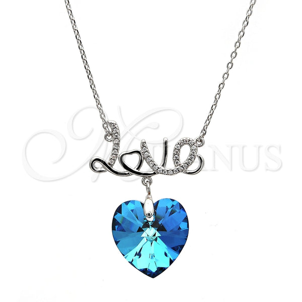 Collares con Dije 04.239.0029.1.16 Rodio Laminado, Diseño de Corazón y Amor, con Swarovski Elements Bermuda Blue y Micro Pave Blanca, Pulido, Rodinado (Grosor 01 MM, 16 Pulgadas de Largo)