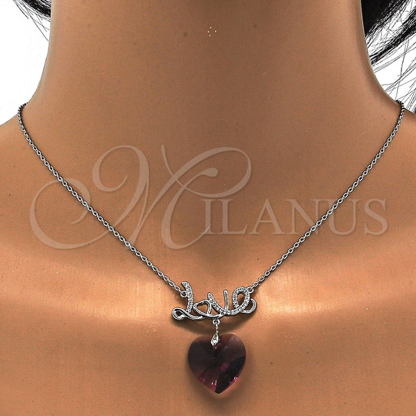 Collares con Dije 04.239.0029.2.16 Rodio Laminado, Diseño de Corazón y Amor, con Swarovski Elements Amethyst y Micro Pave Blanca, Pulido, Rodinado (Grosor 01 MM, 16 Pulgadas de Largo)