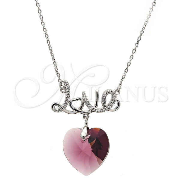 Collares con Dije 04.239.0029.2.16 Rodio Laminado, Diseño de Corazón y Amor, con Swarovski Elements Amethyst y Micro Pave Blanca, Pulido, Rodinado (Grosor 01 MM, 16 Pulgadas de Largo)