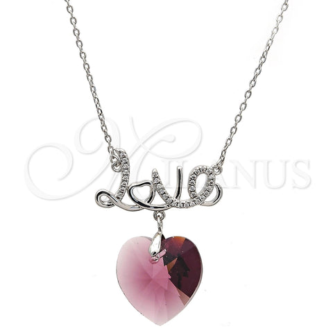 Collares con Dije 04.239.0029.2.16 Rodio Laminado, Diseño de Corazón y Amor, con Swarovski Elements Amethyst y Micro Pave Blanca, Pulido, Rodinado (Grosor 01 MM, 16 Pulgadas de Largo)
