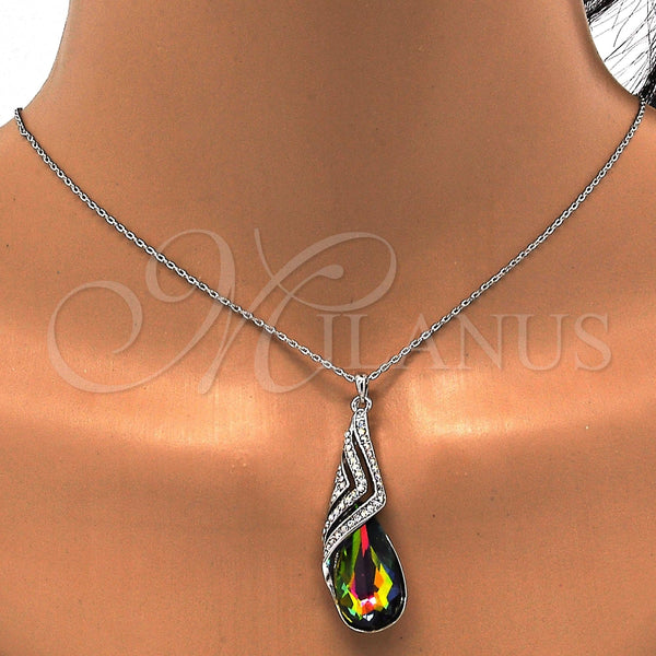 Collares con Dije 04.239.0037.3.16 Rodio Laminado, Diseño de Gota y Rolo, con Swarovski Elements Volcano y Aurore Boreale, Pulido, Rodinado (Grosor 01 MM, 16 Pulgadas de Largo)