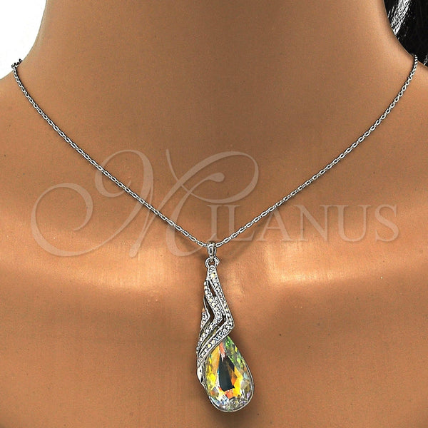 Collares con Dije 04.239.0037.4.16 Rodio Laminado, Diseño de Gota y Rolo, con Swarovski Elements Aurore Boreale y Aurore Boreale, Pulido, Rodinado (Grosor 01 MM, 16 Pulgadas de Largo)
