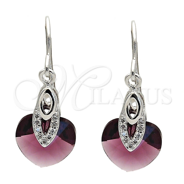 Arete Largo 02.239.0030.1 Rodio Laminado, Diseño de Corazón, con Swarovski Elements Amethyst y Zirconia Cubica Blanca, Pulido, Rodinado