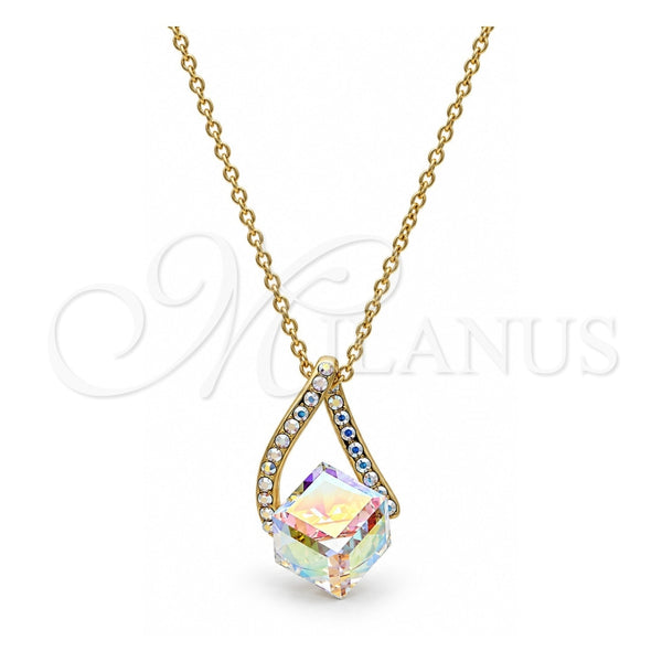 Collares con Dije 04.239.0039.7.16 Oro Laminado, Diseño de Rolo, con Swarovski Elements Aurore Boreale y Perla Aurore Boreale, Pulido, Tono Dorado (Grosor 01 MM, 16 Pulgadas de Largo)