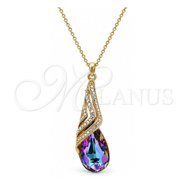 Collares con Dije 04.239.0037.5.16 Oro Laminado, Diseño de Gota y Rolo, con Swarovski Elements Heliotrope y Aurore Boreale, Pulido, Tono Dorado (Grosor 01 MM, 16 Pulgadas de Largo)