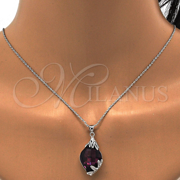 Collares con Dije 04.239.0013.2.16 Rodio Laminado, Diseño de Flor, con Swarovski Elements Amethyst y Micro Pave Blanca, Pulido, Rodinado (Grosor 01 MM, 16 Pulgadas de Largo)