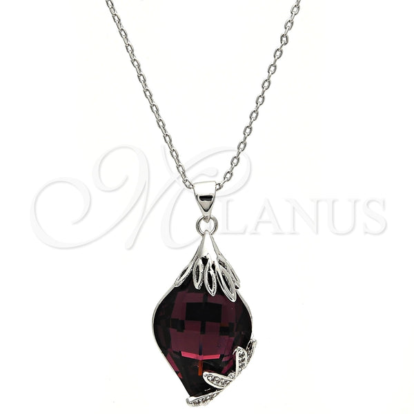 Collares con Dije 04.239.0013.2.16 Rodio Laminado, Diseño de Flor, con Swarovski Elements Amethyst y Micro Pave Blanca, Pulido, Rodinado (Grosor 01 MM, 16 Pulgadas de Largo)