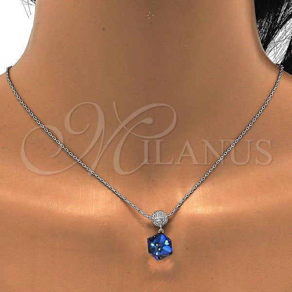 Collares con Dije 04.239.0021.2.16 Rodio Laminado, con Swarovski Elements Bermuda Blue y Micro Pave Blanca, Pulido, Rodinado (Grosor 01 MM, 16 Pulgadas de Largo)