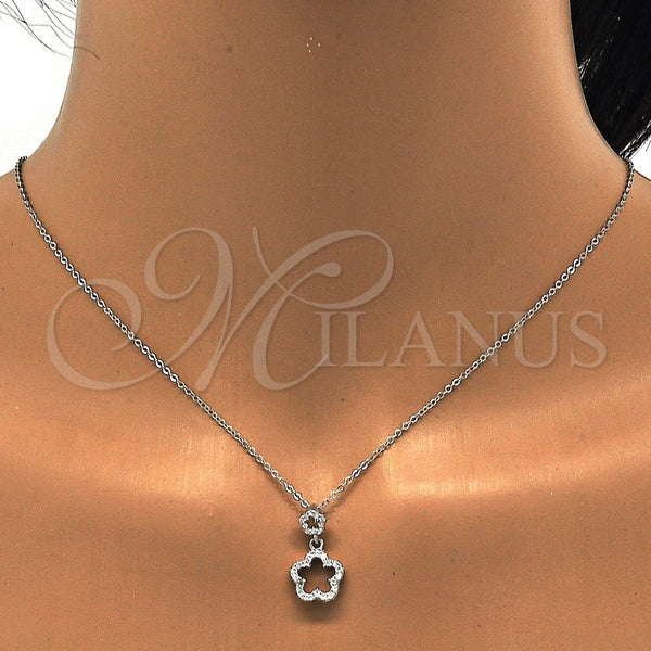 Juego de Arete y Dije de Adulto 10.275.0018 Plata Rodinada, Diseño de Flor, con Zirconia Cubica Blanca, Pulido, Rodinado