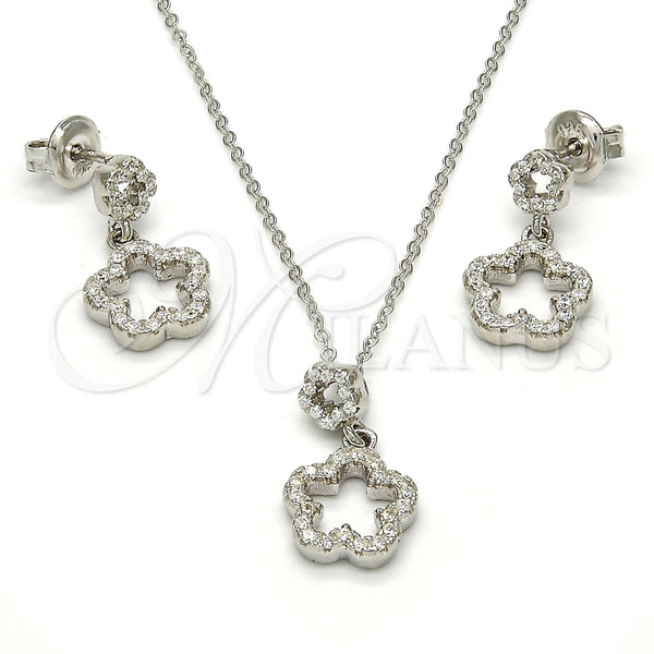 Juego de Arete y Dije de Adulto 10.275.0018 Plata Rodinada, Diseño de Flor, con Zirconia Cubica Blanca, Pulido, Rodinado