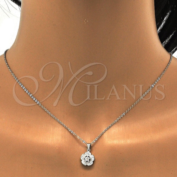 Juego de Arete y Dije de Adulto 10.275.0020 Plata Rodinada, Diseño de Flor, con Micro Pave Blanca y Zirconia Cubica Blanca, Pulido, Rodinado