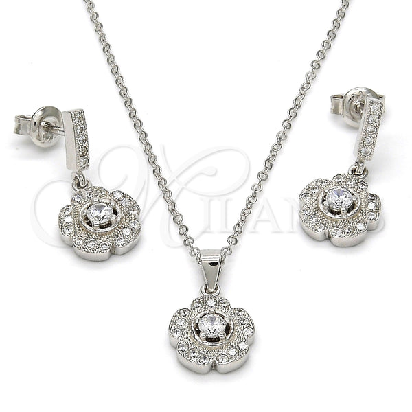 Juego de Arete y Dije de Adulto 10.275.0020 Plata Rodinada, Diseño de Flor, con Micro Pave Blanca y Zirconia Cubica Blanca, Pulido, Rodinado