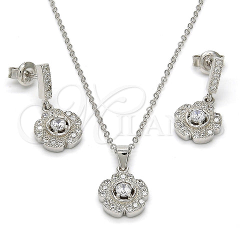 Juego de Arete y Dije de Adulto 10.275.0020 Plata Rodinada, Diseño de Flor, con Micro Pave Blanca y Zirconia Cubica Blanca, Pulido, Rodinado