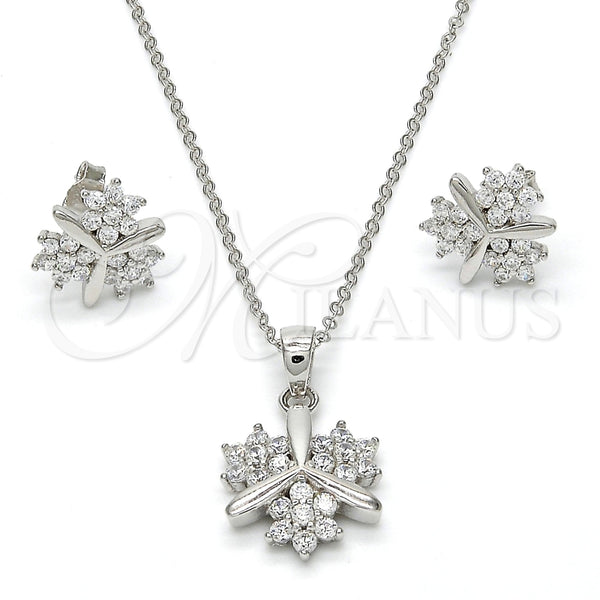 Juego de Arete y Dije de Adulto 10.281.0006 Plata Rodinada, Diseño de Flor, con Zirconia Cubica Blanca, Pulido, Rodinado