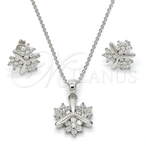 Juego de Arete y Dije de Adulto 10.281.0006 Plata Rodinada, Diseño de Flor, con Zirconia Cubica Blanca, Pulido, Rodinado