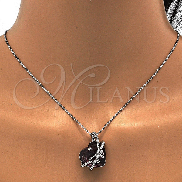 Collares con Dije 04.239.0001.1.16 Rodio Laminado, Diseño de Corazón y Arco, con Swarovski Elements Amethyst y Micro Pave Blanca, Pulido, Rodinado (Grosor 01 MM, 16 Pulgadas de Largo)