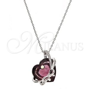 Collares con Dije 04.239.0001.1.16 Rodio Laminado, Diseño de Corazón y Arco, con Swarovski Elements Amethyst y Micro Pave Blanca, Pulido, Rodinado (Grosor 01 MM, 16 Pulgadas de Largo)