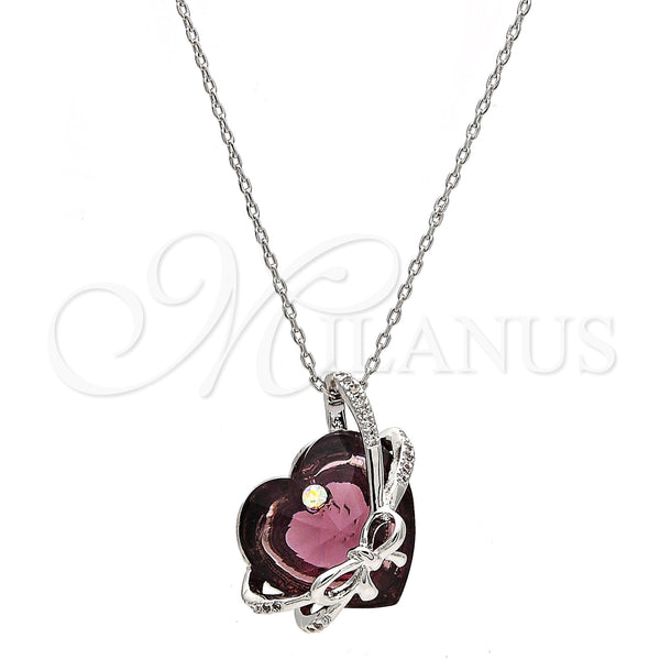 Collares con Dije 04.239.0001.1.16 Rodio Laminado, Diseño de Corazón y Arco, con Swarovski Elements Amethyst y Micro Pave Blanca, Pulido, Rodinado (Grosor 01 MM, 16 Pulgadas de Largo)