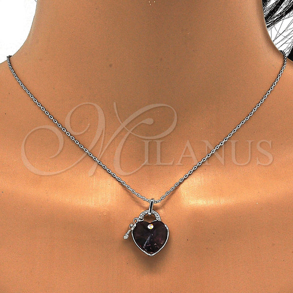 Collares con Dije 04.239.0015.1.16 Rodio Laminado, Diseño de Corazón y Llave, con Swarovski Elements Amethyst y Micro Pave Blanca, Pulido, Rodinado (Grosor 01 MM, 16 Pulgadas de Largo)