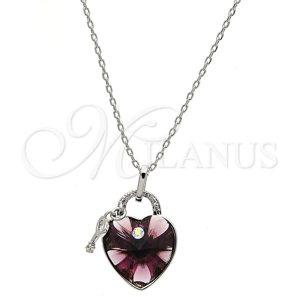 Collares con Dije 04.239.0015.1.16 Rodio Laminado, Diseño de Corazón y Llave, con Swarovski Elements Amethyst y Micro Pave Blanca, Pulido, Rodinado (Grosor 01 MM, 16 Pulgadas de Largo)
