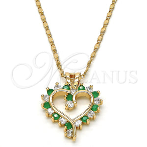 Collares con Dije 04.210.0001.3.18 Oro Laminado, Diseño de Corazón, con Verde and Blanca Zirconia Cubica, Pulido, Tono Dorado (02 MM Thickness, 18 Inches Length)