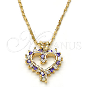 Collares con Dije 04.210.0001.5.18 Oro Laminado, Diseño de Corazón, con Amatista and Blanca Zirconia Cubica, Pulido, Tono Dorado (02 MM Thickness, 18 Inches Length)