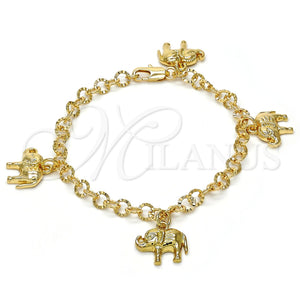 Pulsera de Dije 03.63.1789.07 Oro Laminado, Diseño de Elefante, Diamantado, Tono Dorado (05 MM Thickness, 7 Inches Length)