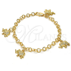 Pulsera de Dije 03.63.1790.07 Oro Laminado, Diseño de Elefante, Diamantado, Tono Dorado (05 MM Thickness, 7 Inches Length)