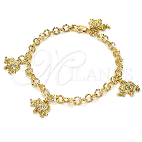 Pulsera de Dije 03.63.1790.07 Oro Laminado, Diseño de Elefante, Diamantado, Tono Dorado (05 MM Thickness, 7 Inches Length)